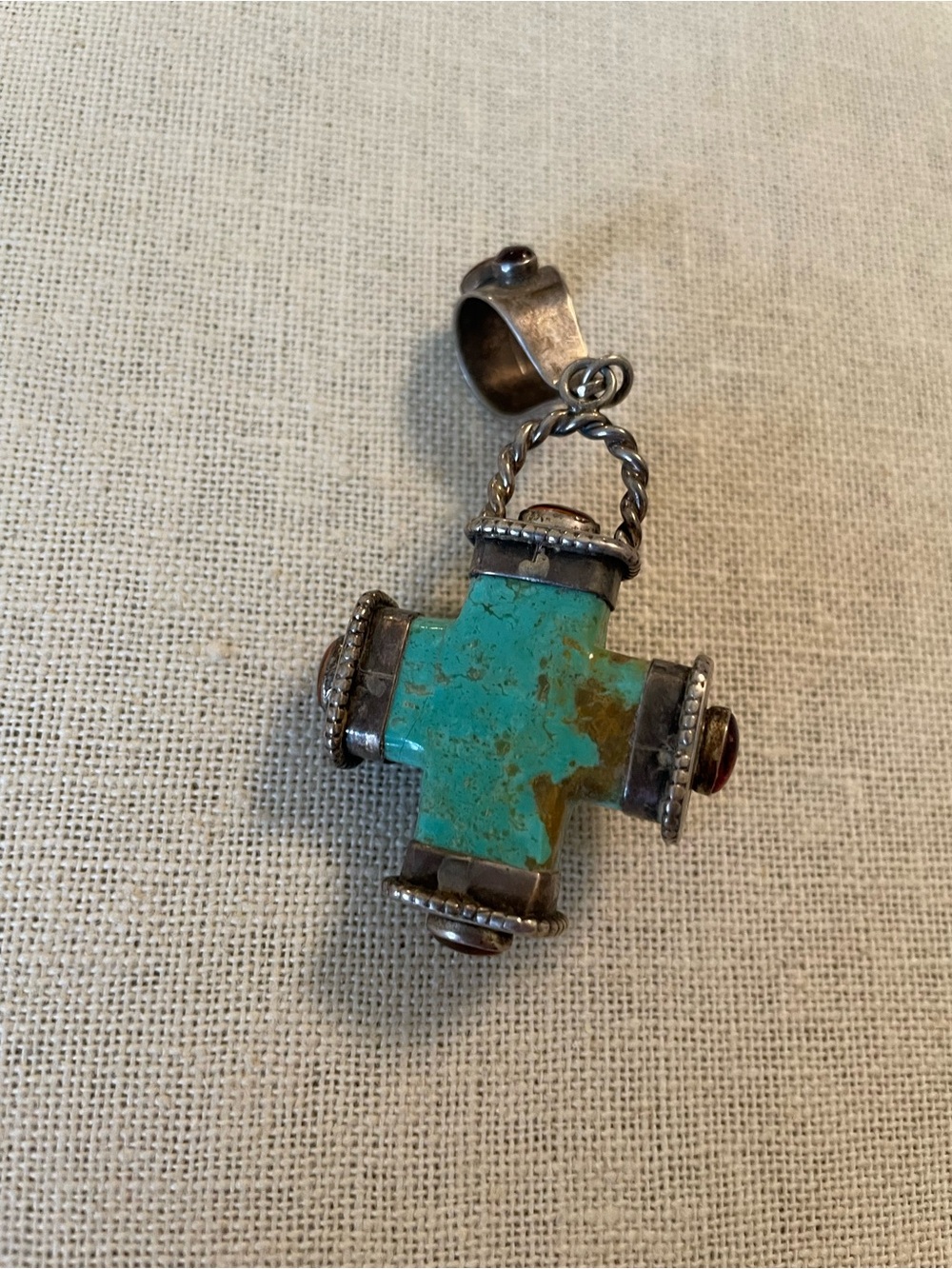 LARGE Reversible Sterling Silver, Turquoise, and Amber Cross Pendant - Picture 6 of 12